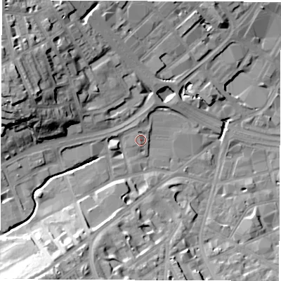 Shaded relief map of the ground around S118HY, computed from Environment Agency LiDAR. The ground here sits at about 75 m above sea level and falls 34 m across the surrounding 800 m. Surface water reaching this point runs off ground lying to the south-west, 2.1 m higher.
