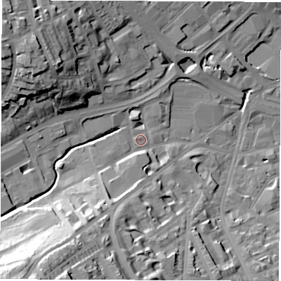 Shaded relief map of the ground around S118JA, computed from Environment Agency LiDAR. The ground here sits at about 75 m above sea level and falls 43 m across the surrounding 800 m. Surface water reaching this point runs off ground lying to the south-west, 36.6 m higher.