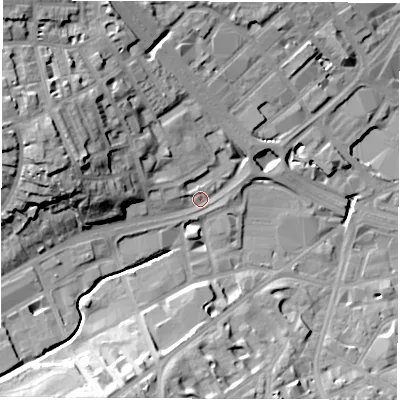 Shaded relief map of the ground around S118JB, computed from Environment Agency LiDAR. The ground here sits at about 75 m above sea level and falls 31 m across the surrounding 800 m. Surface water reaching this point runs off ground lying to the west-north-west, 22.0 m higher.