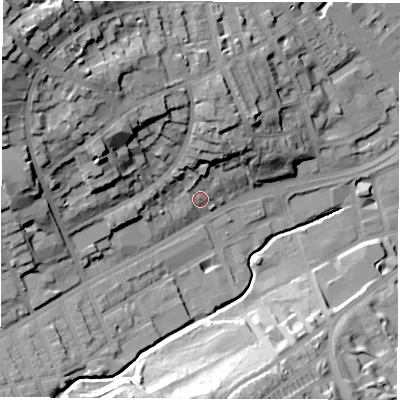 Shaded relief map of the ground around S118JD, computed from Environment Agency LiDAR. The ground here sits at about 82 m above sea level and falls 47 m across the surrounding 800 m. Surface water reaching this point runs off ground lying to the north-north-west, 5.0 m higher.