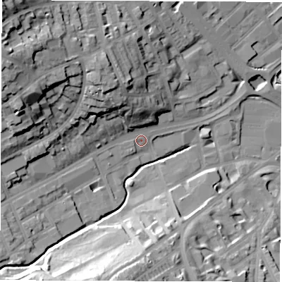Shaded relief map of the ground around S118JE, computed from Environment Agency LiDAR. The ground here sits at about 78 m above sea level and falls 41 m across the surrounding 800 m. Surface water reaching this point runs off ground lying to the west-north-west, 29.9 m higher.