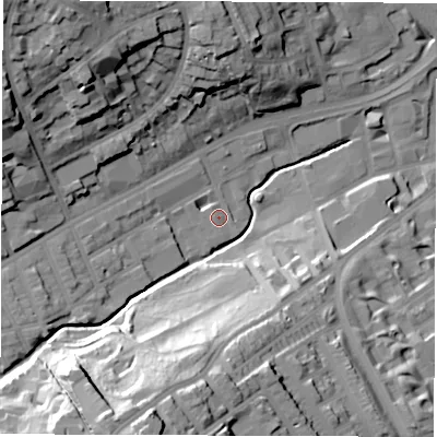 Shaded relief map of the ground around S118JF, computed from Environment Agency LiDAR. The ground here sits at about 80 m above sea level and falls 47 m across the surrounding 800 m. Surface water reaching this point runs off ground lying to the west-north-west, 1.3 m higher.