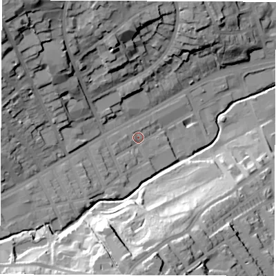 Shaded relief map of the ground around S118JL, computed from Environment Agency LiDAR. The ground here sits at about 83 m above sea level and falls 46 m across the surrounding 800 m. Surface water reaching this point runs off ground lying to the west-south-west, 3.2 m higher.