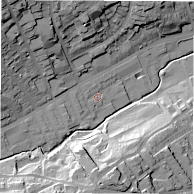 Shaded relief map of the ground around S118JN, computed from Environment Agency LiDAR. The ground here sits at about 84 m above sea level and falls 46 m across the surrounding 800 m. Surface water reaching this point runs off ground lying to the west-north-west, 2.1 m higher.