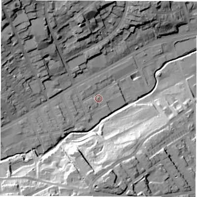 Shaded relief map of the ground around S118NA, computed from Environment Agency LiDAR. The ground here sits at about 84 m above sea level and falls 46 m across the surrounding 800 m. Surface water reaching this point runs off ground lying to the west-south-west, 2.3 m higher.