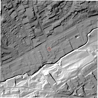 Shaded relief map of the ground around S118NB, computed from Environment Agency LiDAR. The ground here sits at about 85 m above sea level and falls 46 m across the surrounding 800 m. Surface water reaching this point runs off ground lying to the west-south-west, 9.2 m higher.
