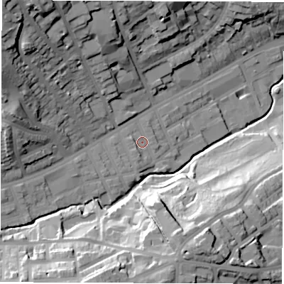 Shaded relief map of the ground around S118NE, computed from Environment Agency LiDAR. The ground here sits at about 87 m above sea level and falls 46 m across the surrounding 800 m. Surface water reaching this point runs off ground lying to the south-west, 2.2 m higher.