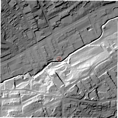 Shaded relief map of the ground around S118NF, computed from Environment Agency LiDAR. The ground here sits at about 86 m above sea level and falls 47 m across the surrounding 800 m. Surface water reaching this point runs off ground lying to the south-south-west, 39.2 m higher.