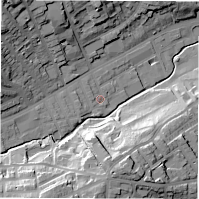 Shaded relief map of the ground around S118NJ, computed from Environment Agency LiDAR. The ground here sits at about 85 m above sea level and falls 45 m across the surrounding 800 m. Surface water reaching this point runs off ground lying to the west-south-west, 8.6 m higher.