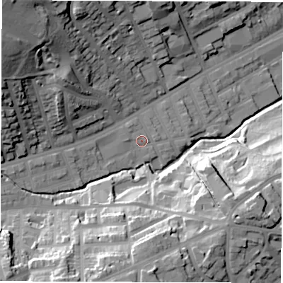 Shaded relief map of the ground around S118NL, computed from Environment Agency LiDAR. The ground here sits at about 89 m above sea level and falls 45 m across the surrounding 800 m. Surface water reaching this point runs off ground lying to the west, 1.7 m higher.