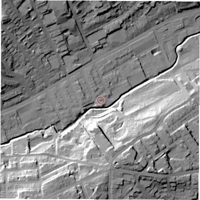 Shaded relief map of the ground around S118NP, computed from Environment Agency LiDAR. The ground here sits at about 86 m above sea level and falls 45 m across the surrounding 800 m. Surface water reaching this point runs off ground lying to the west-north-west, 3.5 m higher.