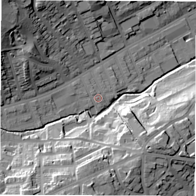 Shaded relief map of the ground around S118NR, computed from Environment Agency LiDAR. The ground here sits at about 89 m above sea level and falls 44 m across the surrounding 800 m. Surface water reaching this point runs off ground lying to the west, 1.9 m higher.