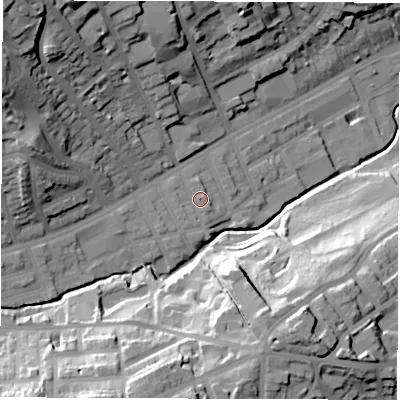 Shaded relief map of the ground around S118NT, computed from Environment Agency LiDAR. The ground here sits at about 88 m above sea level and falls 47 m across the surrounding 800 m. Surface water reaching this point runs off ground lying to the south-west, 1.1 m higher.