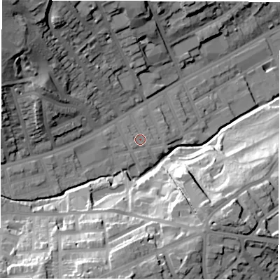 Shaded relief map of the ground around S118NU, computed from Environment Agency LiDAR. The ground here sits at about 88 m above sea level and falls 46 m across the surrounding 800 m. Surface water reaching this point runs off ground lying to the west-south-west, 2.1 m higher.