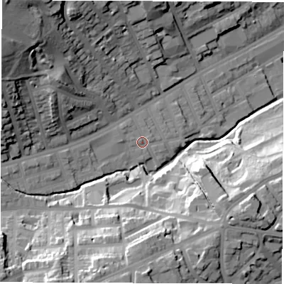 Shaded relief map of the ground around S118NW, computed from Environment Agency LiDAR. The ground here sits at about 89 m above sea level and falls 46 m across the surrounding 800 m. Surface water reaching this point runs off ground lying to the west, 1.8 m higher.