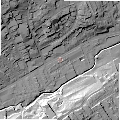Shaded relief map of the ground around S118NX, computed from Environment Agency LiDAR. The ground here sits at about 83 m above sea level and falls 49 m across the surrounding 800 m. Surface water reaching this point runs off ground lying to the north-west, 37.4 m higher.