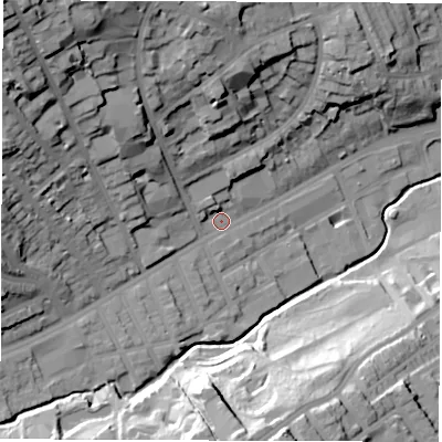 Shaded relief map of the ground around S118PE, computed from Environment Agency LiDAR. The ground here sits at about 84 m above sea level and falls 52 m across the surrounding 800 m. Surface water reaching this point runs off ground lying to the north-west, 42.5 m higher.