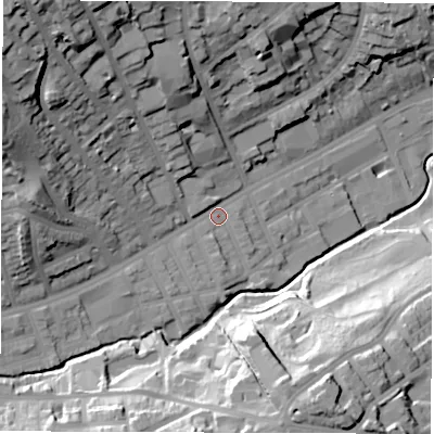 Shaded relief map of the ground around S118PF, computed from Environment Agency LiDAR. The ground here sits at about 87 m above sea level and falls 48 m across the surrounding 800 m. Surface water reaching this point runs off ground lying to the north-west, 36.2 m higher.