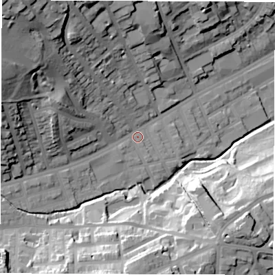 Shaded relief map of the ground around S118PG, computed from Environment Agency LiDAR. The ground here sits at about 89 m above sea level and falls 50 m across the surrounding 800 m. Surface water reaching this point runs off ground lying to the north-west, 40.4 m higher.