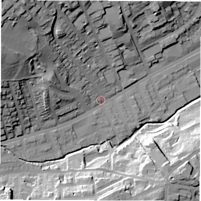 Shaded relief map of the ground around S118PJ, computed from Environment Agency LiDAR. The ground here sits at about 90 m above sea level and falls 52 m across the surrounding 800 m. Surface water reaching this point runs off ground lying to the north-west, 42.9 m higher.