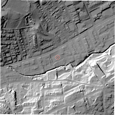 Shaded relief map of the ground around S118PN, computed from Environment Agency LiDAR. The ground here sits at about 90 m above sea level and falls 52 m across the surrounding 800 m. Surface water reaching this point runs off ground lying to the west, 4.2 m higher.
