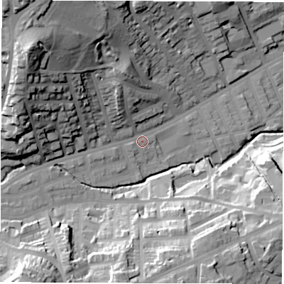 Shaded relief map of the ground around S118PP, computed from Environment Agency LiDAR. The ground here sits at about 93 m above sea level and falls 52 m across the surrounding 800 m. Surface water reaching this point runs off ground lying to the north-west, 38.6 m higher.