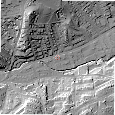 Shaded relief map of the ground around S118PR, computed from Environment Agency LiDAR. The ground here sits at about 96 m above sea level and falls 49 m across the surrounding 800 m. Surface water reaching this point runs off ground lying to the north-north-west, 39.0 m higher.