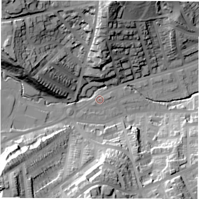 Shaded relief map of the ground around S118PT, computed from Environment Agency LiDAR. The ground here sits at about 100 m above sea level and falls 66 m across the surrounding 800 m. Surface water reaching this point runs off ground lying to the west-south-west, 5.9 m higher.