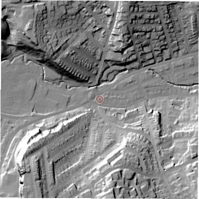 Shaded relief map of the ground around S118PW, computed from Environment Agency LiDAR. The ground here sits at about 103 m above sea level and falls 65 m across the surrounding 800 m. Surface water reaching this point runs off ground lying to the south-west, 52.9 m higher.