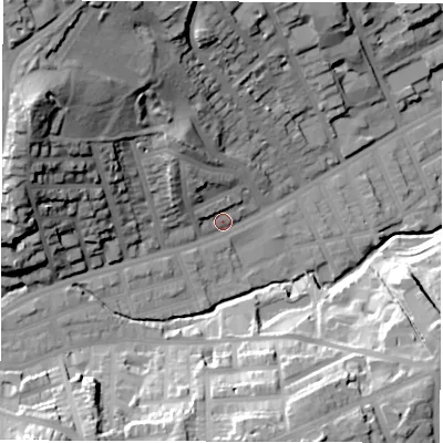 Shaded relief map of the ground around S118PX, computed from Environment Agency LiDAR. The ground here sits at about 93 m above sea level and falls 52 m across the surrounding 800 m. Surface water reaching this point runs off ground lying to the west-north-west, 39.7 m higher.