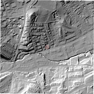 Shaded relief map of the ground around S118PY, computed from Environment Agency LiDAR. The ground here sits at about 99 m above sea level and falls 49 m across the surrounding 800 m. Surface water reaching this point runs off ground lying to the north-west, 40.0 m higher.