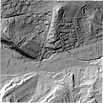 Shaded relief map of the ground around S118QA, computed from Environment Agency LiDAR. The ground here sits at about 102 m above sea level and falls 64 m across the surrounding 800 m. Surface water reaching this point runs off ground lying to the north-west, 47.1 m higher.