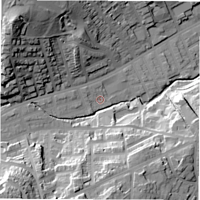Shaded relief map of the ground around S118QB, computed from Environment Agency LiDAR. The ground here sits at about 91 m above sea level and falls 54 m across the surrounding 800 m. Surface water reaching this point runs off ground lying to the north-west, 2.0 m higher.