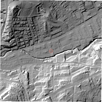 Shaded relief map of the ground around S118QD, computed from Environment Agency LiDAR. The ground here sits at about 93 m above sea level and falls 55 m across the surrounding 800 m. Surface water reaching this point runs off ground lying to the west, 6.2 m higher.