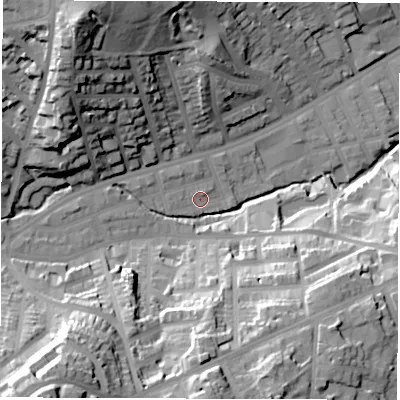 Shaded relief map of the ground around S118QE, computed from Environment Agency LiDAR. The ground here sits at about 94 m above sea level and falls 60 m across the surrounding 800 m. Surface water reaching this point runs off ground lying to the west-south-west, 2.9 m higher.