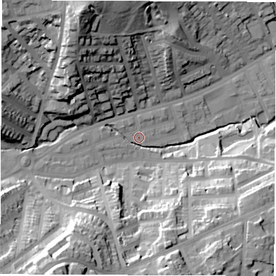 Shaded relief map of the ground around S118QF, computed from Environment Agency LiDAR. The ground here sits at about 96 m above sea level and falls 57 m across the surrounding 800 m. Surface water reaching this point runs off ground lying to the west-south-west, 11.5 m higher.