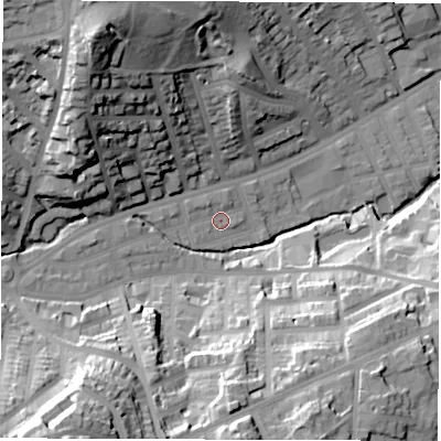 Shaded relief map of the ground around S118QG, computed from Environment Agency LiDAR. The ground here sits at about 94 m above sea level and falls 54 m across the surrounding 800 m. Surface water reaching this point runs off ground lying to the west, 4.1 m higher.