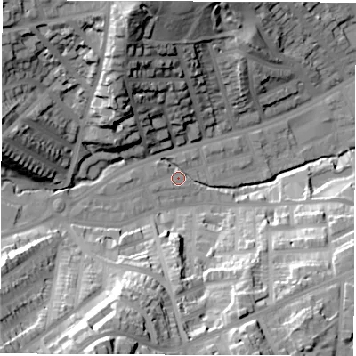 Shaded relief map of the ground around S118QH, computed from Environment Agency LiDAR. The ground here sits at about 97 m above sea level and falls 57 m across the surrounding 800 m. Surface water reaching this point runs off ground lying to the west-south-west, 10.6 m higher.