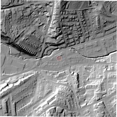 Shaded relief map of the ground around S118QJ, computed from Environment Agency LiDAR. The ground here sits at about 100 m above sea level and falls 65 m across the surrounding 800 m. Surface water reaching this point runs off ground lying to the west-south-west, 3.8 m higher.