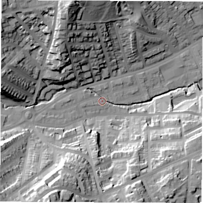 Shaded relief map of the ground around S118QL, computed from Environment Agency LiDAR. The ground here sits at about 97 m above sea level and falls 58 m across the surrounding 800 m. Surface water reaching this point runs off ground lying to the south-west, 41.9 m higher.