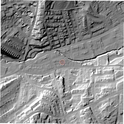 Shaded relief map of the ground around S118QN, computed from Environment Agency LiDAR. The ground here sits at about 97 m above sea level and falls 60 m across the surrounding 800 m. Surface water reaching this point runs off ground lying to the south-west, 45.4 m higher.