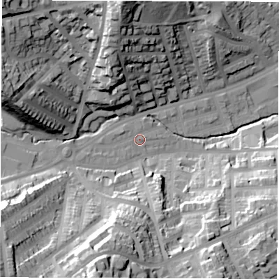 Shaded relief map of the ground around S118QP, computed from Environment Agency LiDAR. The ground here sits at about 99 m above sea level and falls 60 m across the surrounding 800 m. Surface water reaching this point runs off ground lying to the south-west, 50.6 m higher.