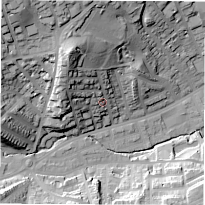 Shaded relief map of the ground around S118RH, computed from Environment Agency LiDAR. The ground here sits at about 105 m above sea level and falls 55 m across the surrounding 800 m. Surface water reaching this point runs off ground lying to the north-west, 28.5 m higher.