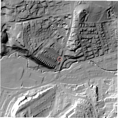 Shaded relief map of the ground around S118RS, computed from Environment Agency LiDAR. The ground here sits at about 107 m above sea level and falls 61 m across the surrounding 800 m. Surface water reaching this point runs off ground lying to the north-west, 40.2 m higher.