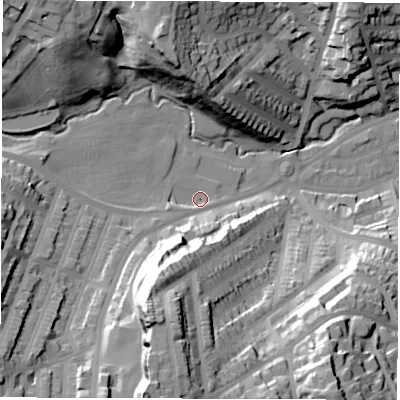 Shaded relief map of the ground around S118TA, computed from Environment Agency LiDAR. The ground here sits at about 107 m above sea level and falls 63 m across the surrounding 800 m. Surface water reaching this point runs off ground lying to the south-south-west, 51.5 m higher.