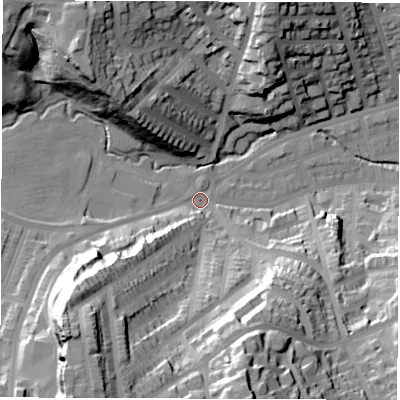 Shaded relief map of the ground around S118TF, computed from Environment Agency LiDAR. The ground here sits at about 103 m above sea level and falls 63 m across the surrounding 800 m. Surface water reaching this point runs off ground lying to the south-west, 53.3 m higher.