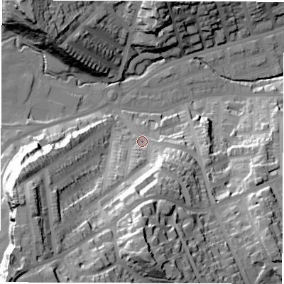 Shaded relief map of the ground around S118XA, computed from Environment Agency LiDAR. The ground here sits at about 109 m above sea level and falls 74 m across the surrounding 800 m. Surface water reaching this point runs off ground lying to the south, 44.9 m higher.