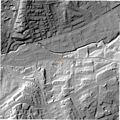 Shaded relief map of the ground around S118ZE, computed from Environment Agency LiDAR. The ground here sits at about 96 m above sea level and falls 65 m across the surrounding 800 m. Surface water reaching this point runs off ground lying to the south-south-west, 41.4 m higher.