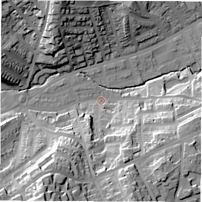Shaded relief map of the ground around S118ZF, computed from Environment Agency LiDAR. The ground here sits at about 96 m above sea level and falls 64 m across the surrounding 800 m. Surface water reaching this point runs off ground lying to the south-south-west, 54.4 m higher.
