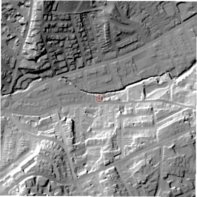 Shaded relief map of the ground around S118ZH, computed from Environment Agency LiDAR. The ground here sits at about 96 m above sea level and falls 63 m across the surrounding 800 m. Surface water reaching this point runs off ground lying to the south-west, 54.9 m higher.